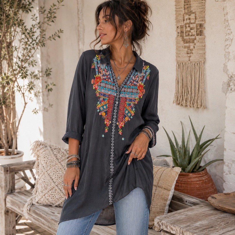 Johnny Was Festival Tunic Dress Charcoal Embroidered Boho Medium